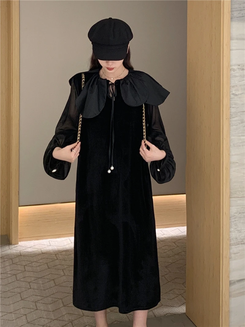 

Elegant Loose Velvet Dresses For Women 2023 Female Large Size 4XL Autumn Winter Doll Collar Long Sleeve Black Party Vestido Robe