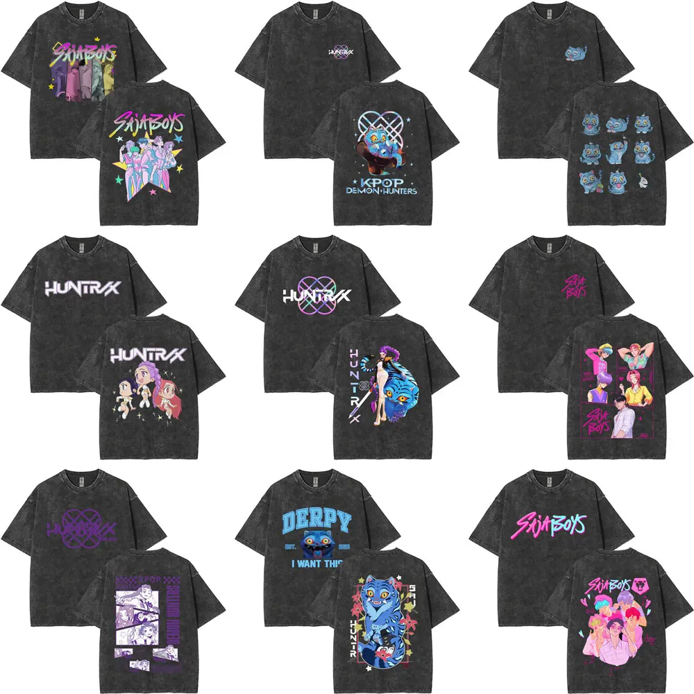 

Washed Vintage Movie KPop Demon Hunters T-shirt Rumi with Mira with Zoey Graphic T-shirts Men Women Fashion Oversized T Shirts