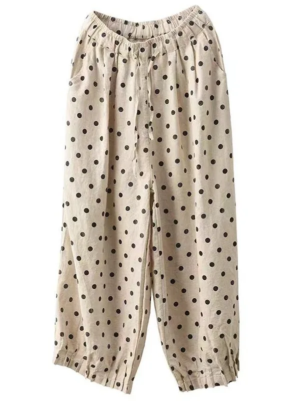 Pantalones de pierna ancha de lino y algodón con estampado Floral, pantalones holgados artísticos Retro rectos de nueve puntos, pantalones casuales de cintura alta para mujer