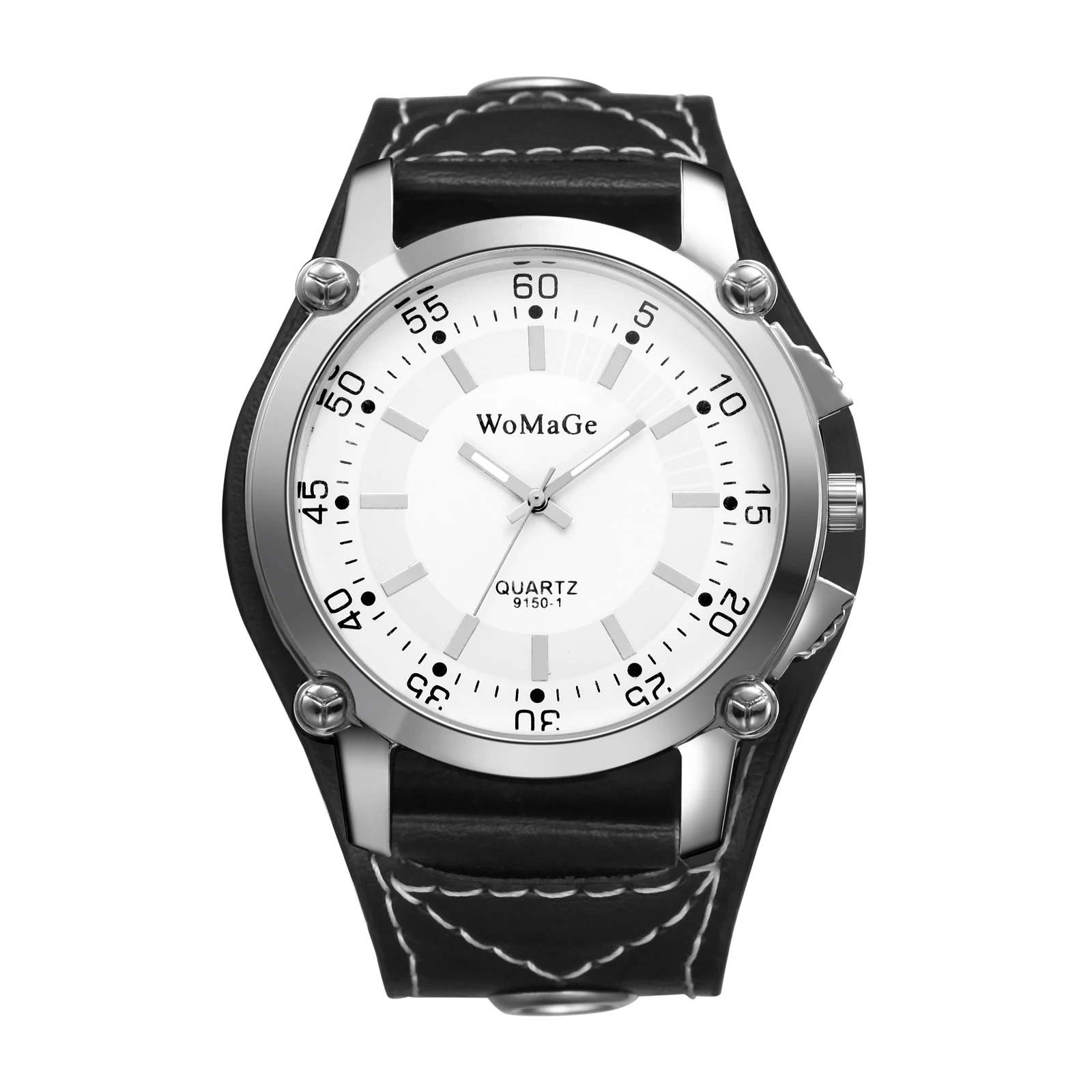 

JEWELRYWE Punk Style Men's Watch Leather Cuffs Large Digital Dial Analog Quartz Black Wide Band Rock Biker Style Men's Watch