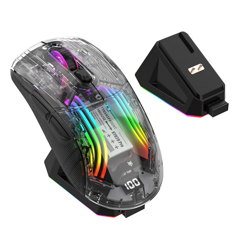 Transparent Gaming Mouse 3 Mode with Bluetooth 2.4G Wireless Wired Mouse PC Gamer RGB Lighting  Mice with Magnetic Charging Dock