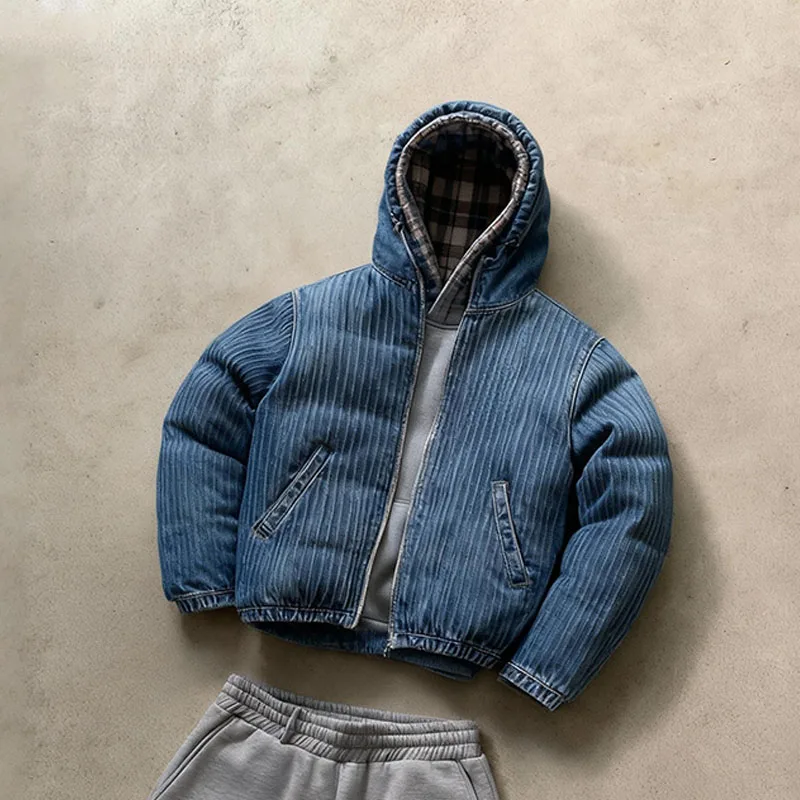 

Men's Streetwear Denim Puffer Jacket Set 2025 Autumn New Hooded Plaid Lined Coat + Gray Sweatpants Casual Outfit Oversized Fashi