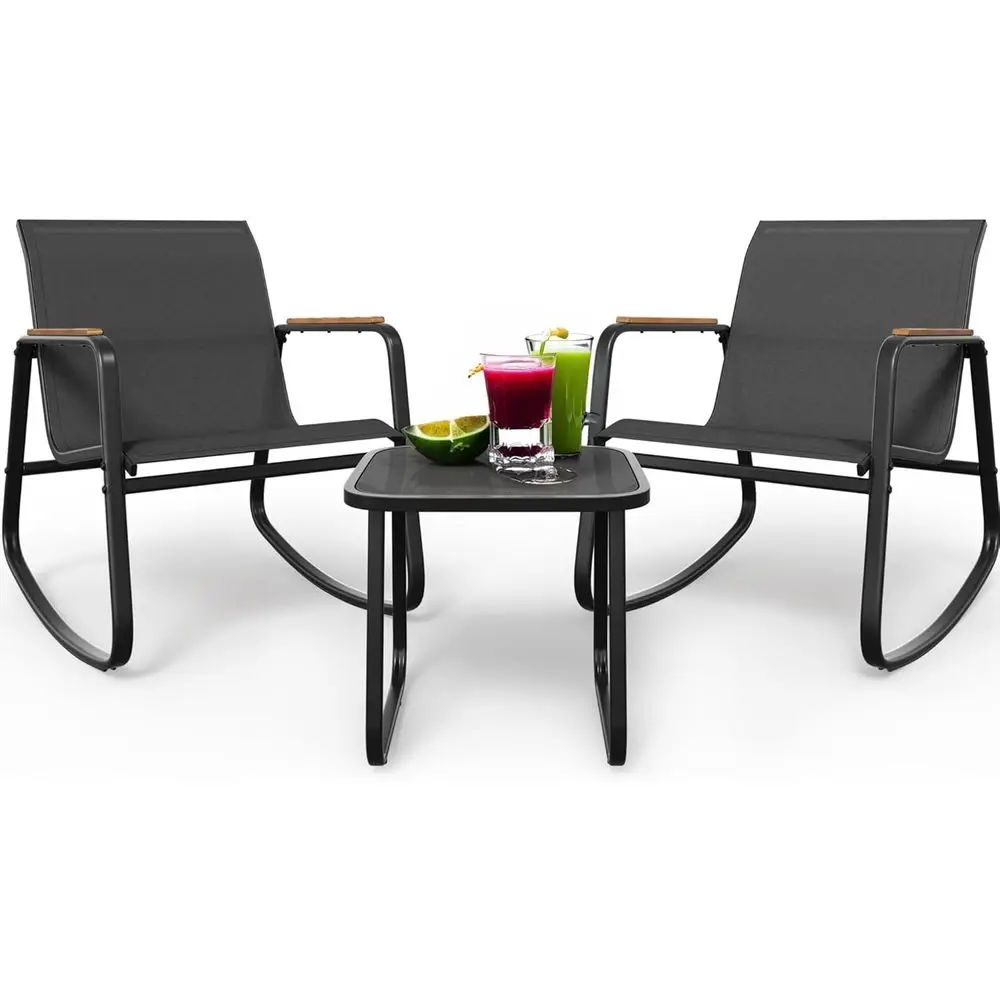 

3-Piece Textilene Outdoor Rocking Bistro Set with Wooden Armrest Chairs and Glass Table for Garden, Balcony, Poolside - Black