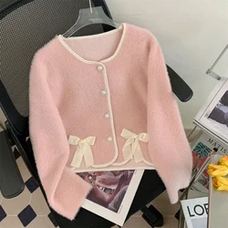 Elegant Sweater Coat Women Imitation Mink Fleece Knitted Cardigan Korean Sweet Bow Sweater Long Sleeve Autumn Winter Cardigans