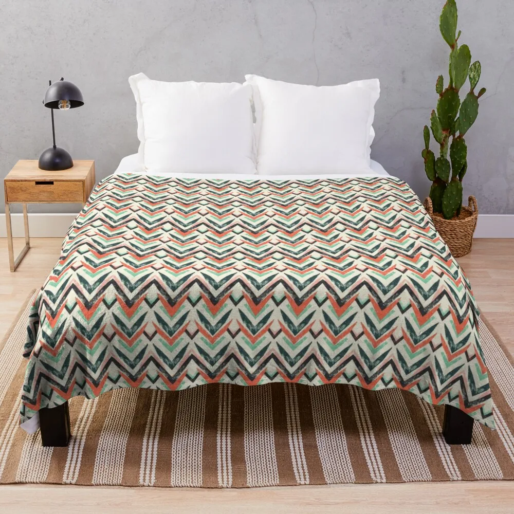 Modern Tribal Pattern with Geometric Shapes and Bright Coral Mint Green Accents - Ultra High Resolution Print on A Throw Blanket