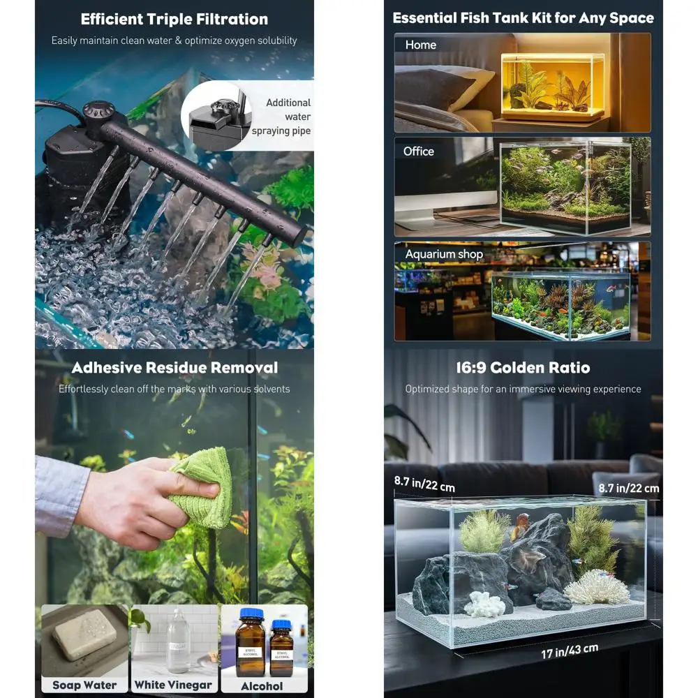 

5-галонный аквариум, ультрапрозрачный стеклянный аквариумный комплект без оправы с выдвижной светодиодной подсветкой, внутренний фильтр, магнитная щетка и термометр