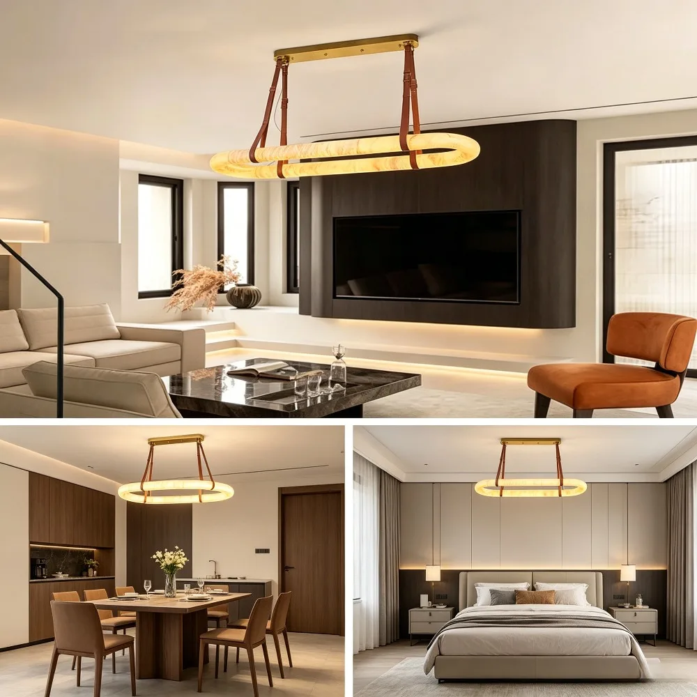 Oval Marble Chandelier with Leather Belt European LED Ring Suspension Luminaire for Living Room