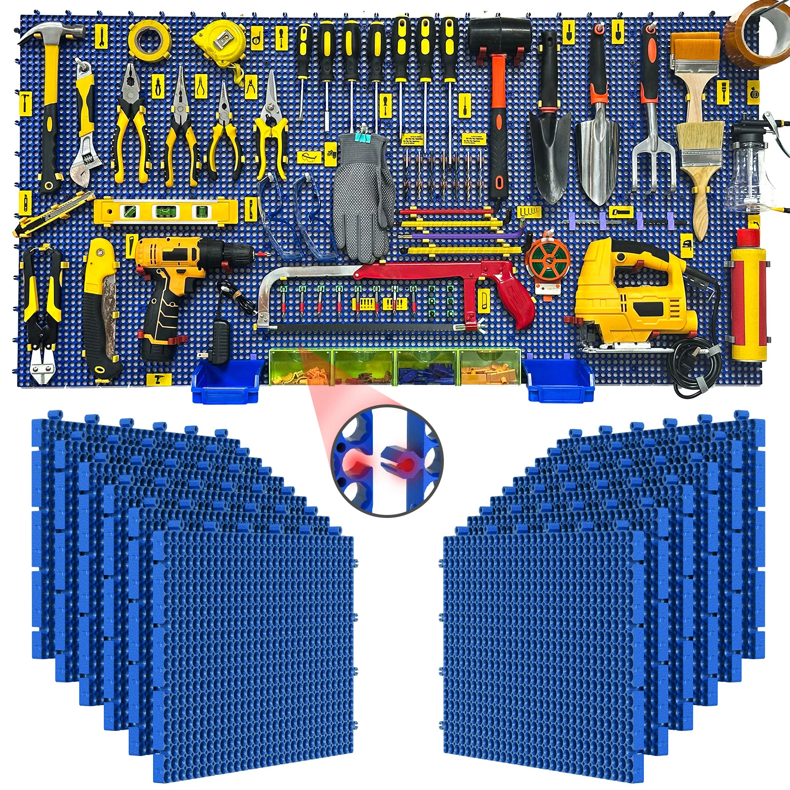 Plastic Pegboard wall storage kit, 12panels Blue 122 x 61cm, 428accessories, with hooks, clips, and boxes, modular tool storage