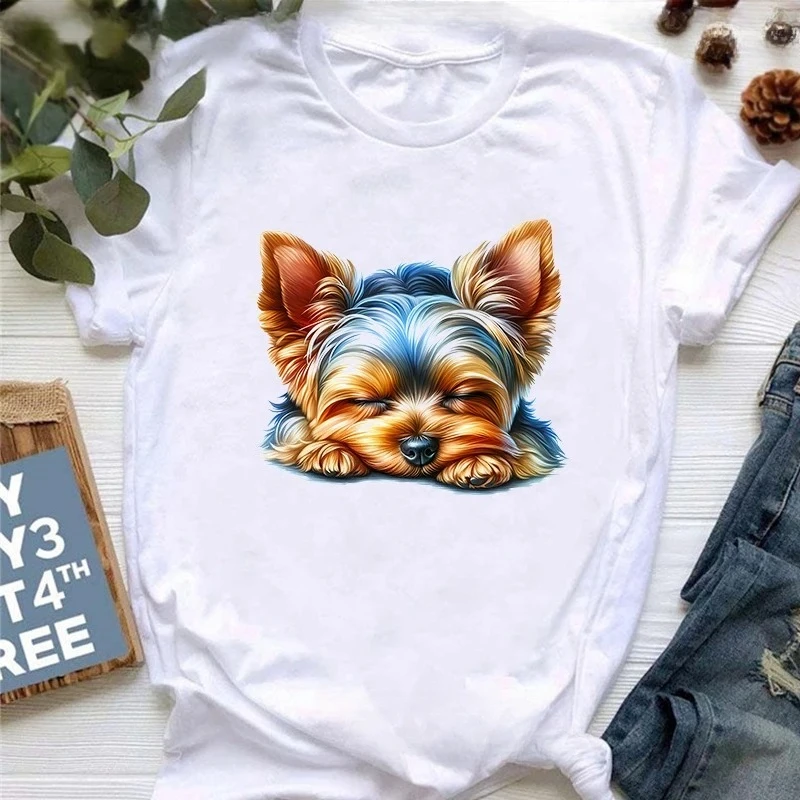 Yorkshire Terrier Tier Gedruckt T-shirt Mädchen Blumen Lustige T-Shirt Frauen Harajuku Kawaii Kleidung Sommer Mode Weibliche T Tops