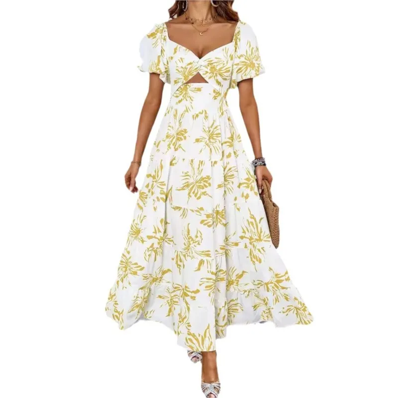 Été 2025 col en V découpe imprimé fleuri robes manches bouffantes tenue décontractée plage Vaction dos nu longues robes femme vêtements