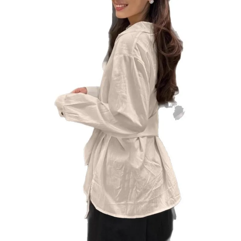 2025 Camisa de cintura con lazo de estilo francés de moda de otoño para mujer, Color caqui, corte ajustado, blusa de mujer de algodón puro