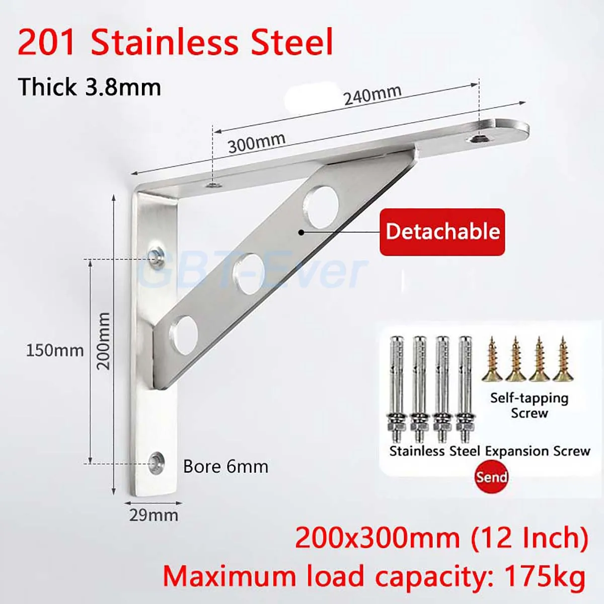 2Pcs 201 Stainless Steel Triangle Bracket 8-20Inch Wall Shelf Bracket 175kg Heavy Support Wall Mounted Bench Table Shelf Bracket