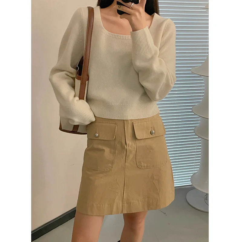 ALSEY Square Neck Women's Wool Sweater High Quality Korean Version Casual Skin-friendly Solid Color Knitted Top 2023 Autumn New