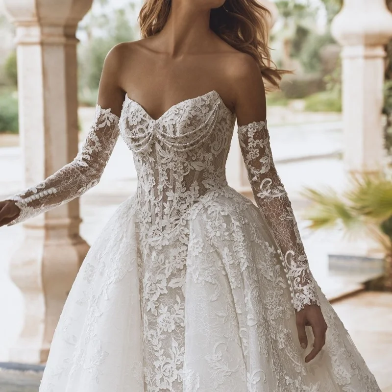 

White Wedding Dresses glitter lace flower decal beading off-shoulder style Gowns multi-layer Made customize