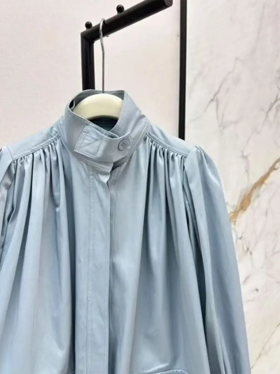 GALCAUR Blauw Gesplitste Plooien Basics Jas Vrouwelijke Revers Lange Mouw Losse Ontwerp Kantoor Dame Damesjassen Mode Herfst Nieuwe