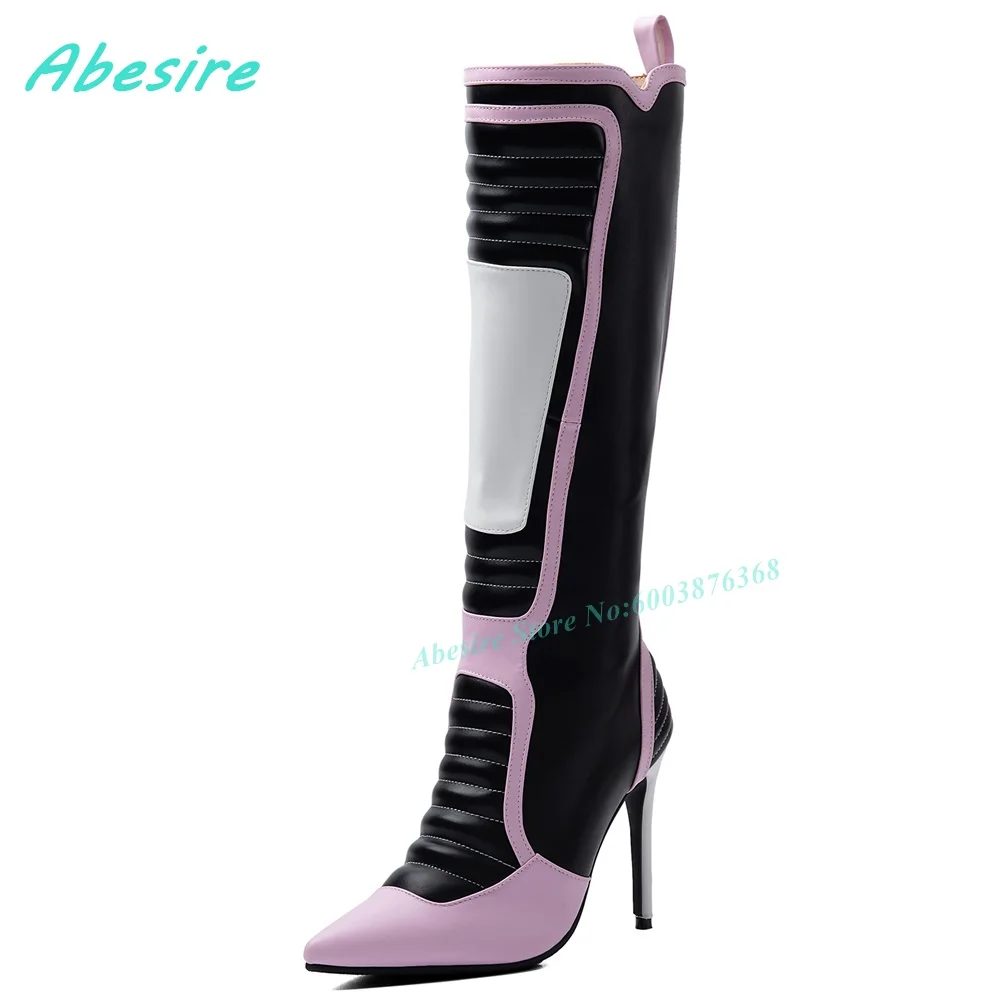 Pink Black White Three Color Knee High Boots Pointed Toe Patchwork Platform Stiletto Heels Women's Boots Street-Style Shoes