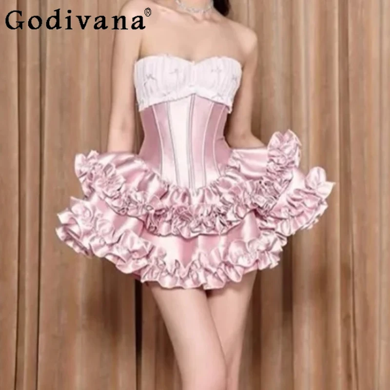 

Sweet Lolita Pink Bow Strapless Birthday Evening Dress Fashion Versatile Age Reducing Lace Up Party Princess Cake Short Dresses
