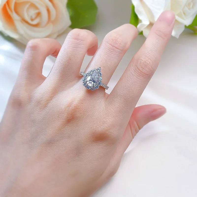 Shining U S925 Silver High Carbon Diamond Pear 6*9mm Ring for Women Fine Jewelry Wedding Engagement