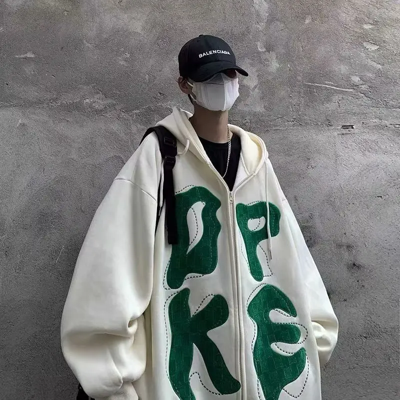 

American heavyweight velvet letter cardigan sweatshirt for men autumn 2024 trendy brand high street hooded couple jacket spring