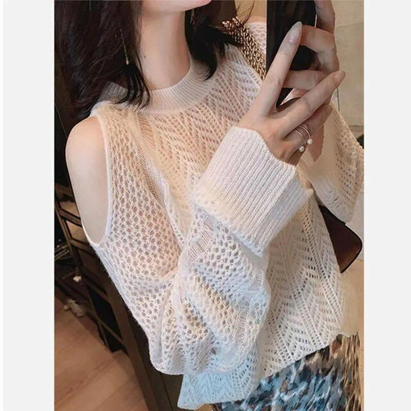 Fashion Off Shoulder Long Sleeve Sweaters Women High Street Lazy Style Loose Jersey Jumpers Elegant Round Collar Knit Pullover