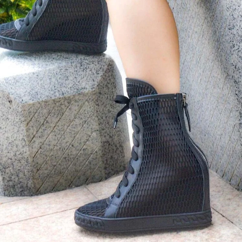 Fashion Black Net Yarn Height Increasing Ankle Boots Round Toe Lace Up leisure Sneakers Rubber Sole Wedge Short Bootie