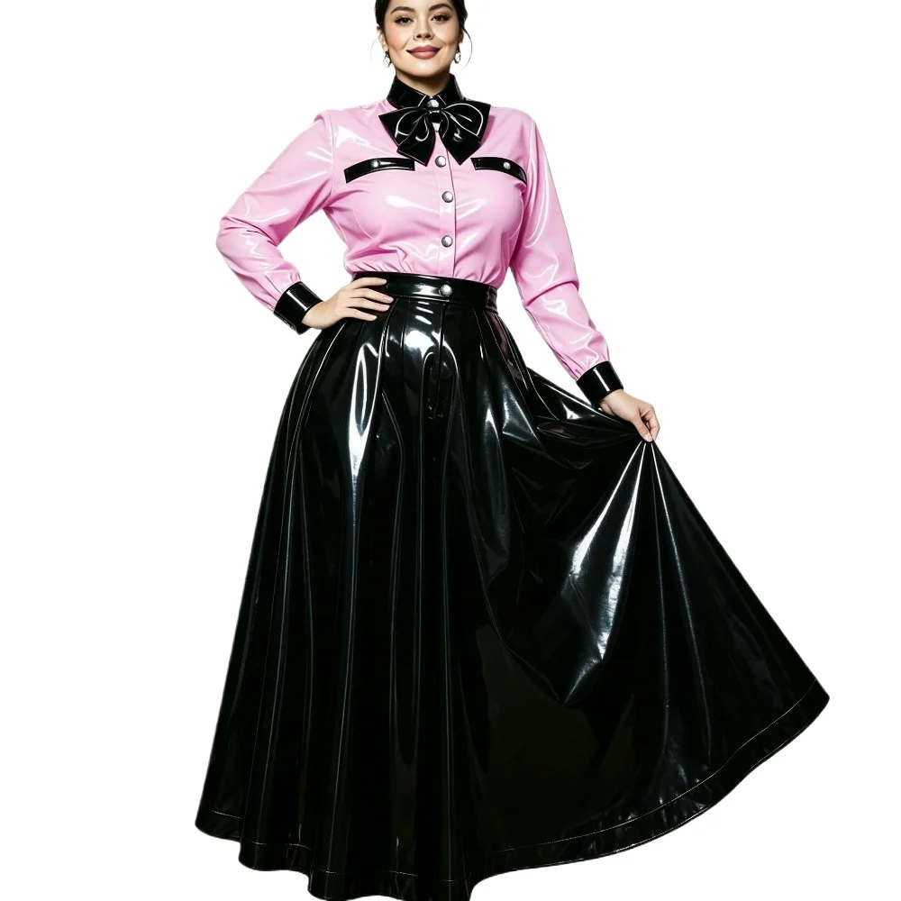 Plus Size Shiny PVC Button-up Shirt High Waist Maxi Skirt Glossy Two Piece Outfit Festival Cocktail Party Contrast Color Suit