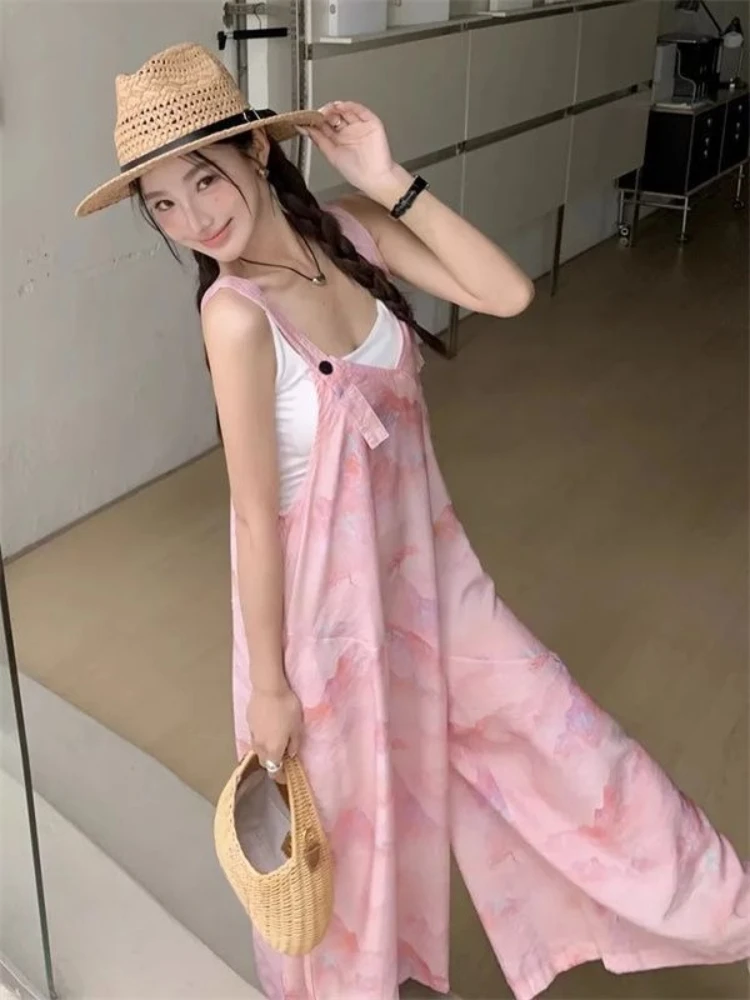 

Women Summer Wide Leg Jumpsuit Chinese Inspired Print High Waist Overalls Loose Suspender Romper Slimming Casual Fashion Outfit