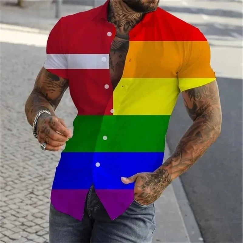 قميص قوس قزح ملون مطبوع ثلاثي الأبعاد للرجال صيفي غير رسمي بقصة ضيقة وأكمام قصيرة قمصان مثليه للمثليين قمصان علوية Camisas De Hombre #4