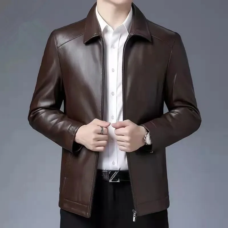New Winter Leather Jacket Men with Velvet Jacket Middle-aged Young Men Stand-up Lapel Jacket