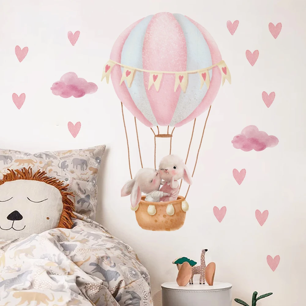 Pink Bunny Hot Air Balloon Removable Wall Stickers for Kids Room Baby Nursery Wall Decals Bedroom Living Room Home Decor Murals