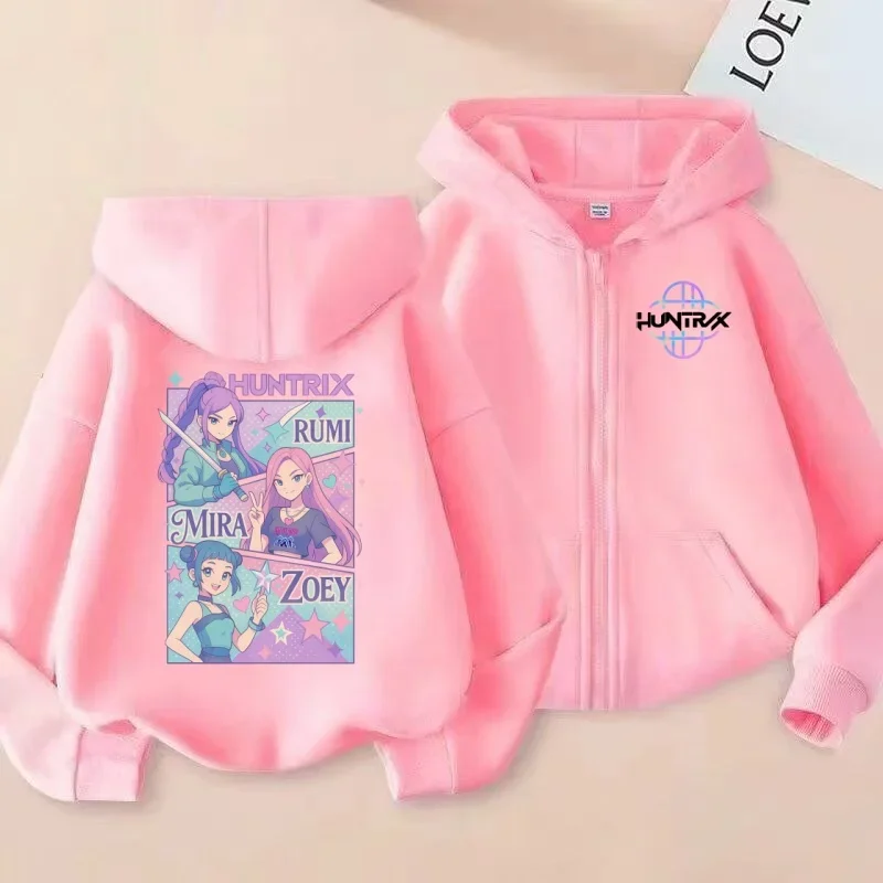 سترة KPOP Demon Hunters Huntrix RUMI/MIRA/ZOEY Trio مطبوعة للأطفال بسحاب، بلوزة عصرية وجذابة