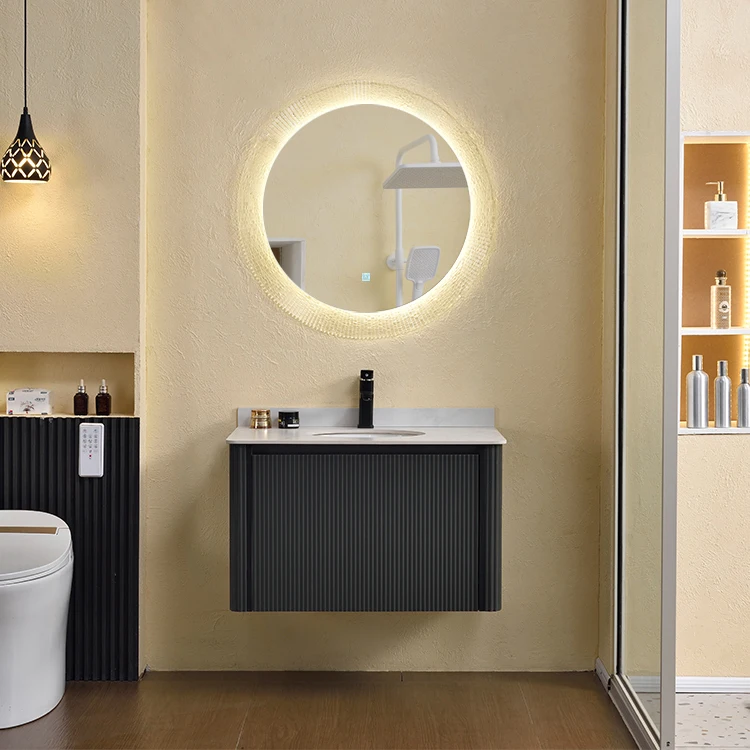 Modern Stone Basin Bathroom Vanity With LED Mirror Wall-Mounted Cabinet Set Eco-Friendly Durable Waterproof Includes Mirror