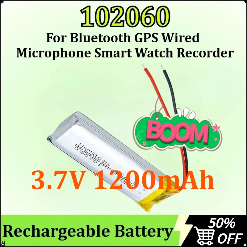 

102060 Lipo Rechargeable Battery for Bluetooth GPS Wired Microphone Smart Lithium Polymer Watch Recorder 3.7V 1200mAh