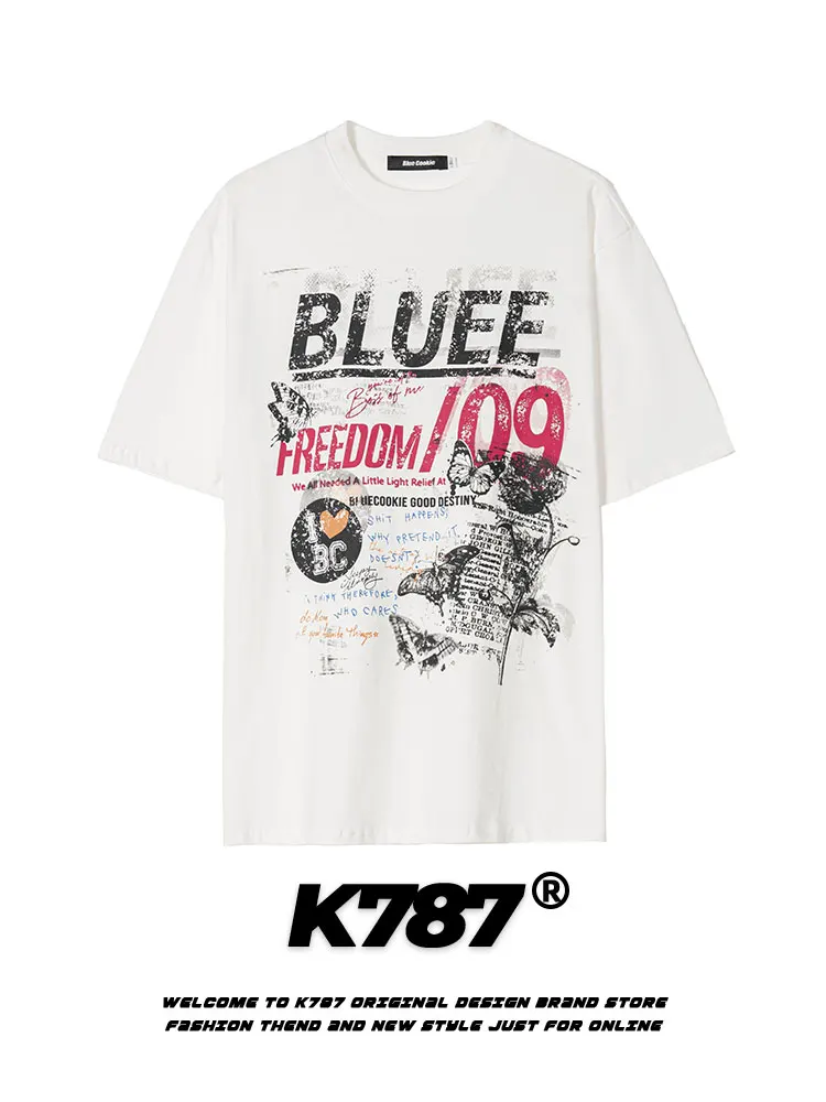 

K787 American Retro Distred Letter Print Hip Hop ort Sve T-irt ex Loose Casual Couple Tops Cotton Summer Wear