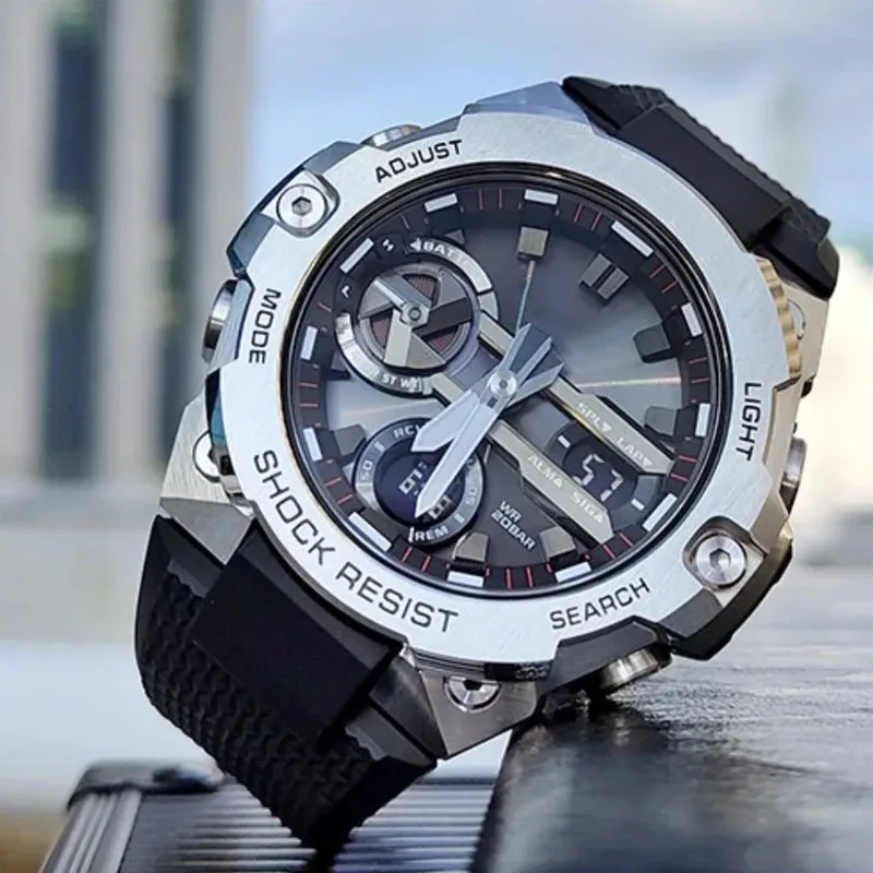 GSTB400 Watches for Men Quartz Carbon Fiber Protective Structure Sports Multi-Function LED Display Dual Display Watch