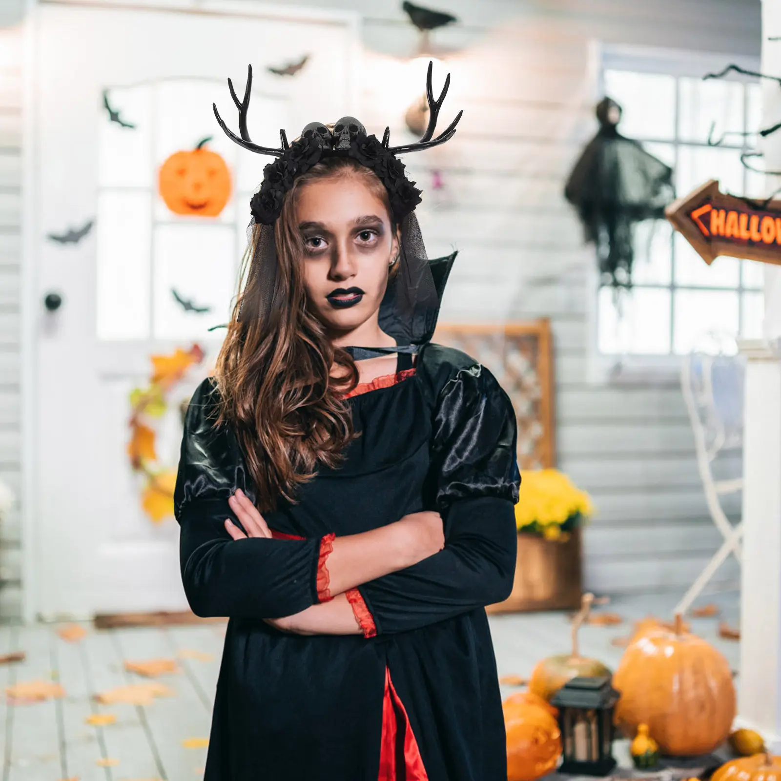 

Antler Horns Headband Gothic Skull Rose Flower Halloween Cosplay Hair Accessories for Women Unique Decorative Party Headpiece