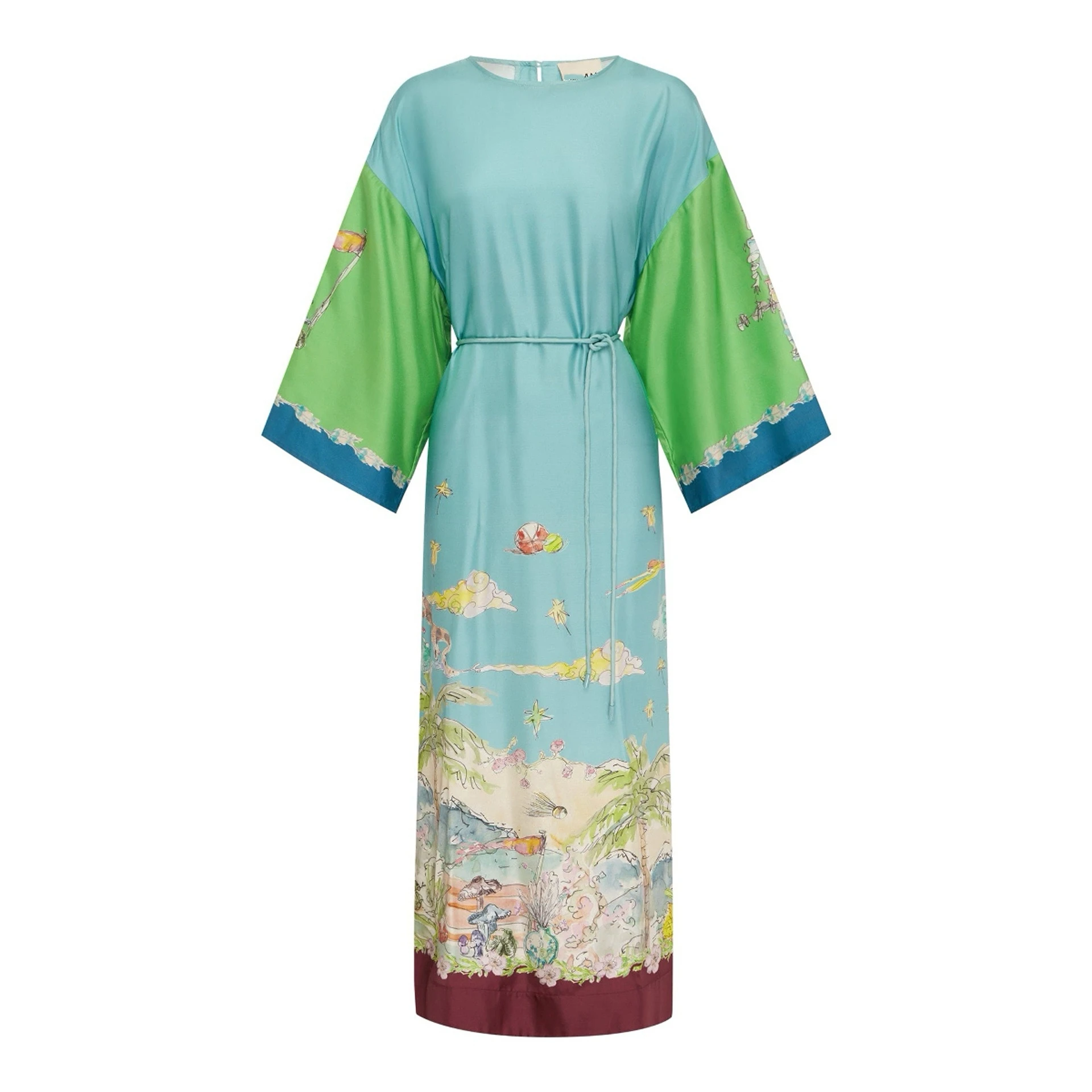 여름 신상 슬레 앰버 블루 실크 새틴 롱 프린트 드레스 여성용 루즈 매듭 캐주얼 올매치 여름 드레스