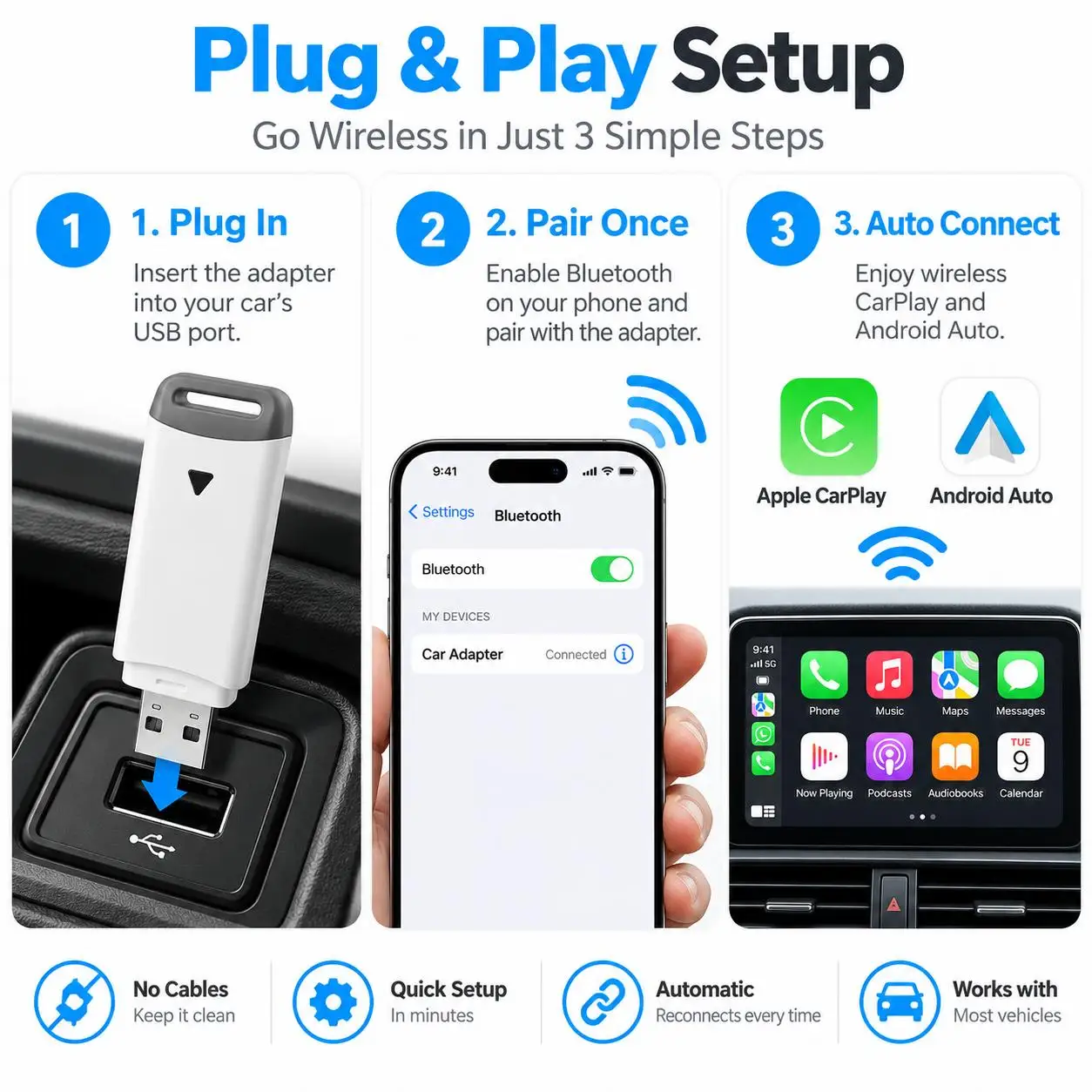 2-in-1 Kabelloser CarPlay & Android Auto Adapter, Universell Passend für die Meisten Autos, Kabellose Verbindung, Plug & Play IOS/Android – Detail 3