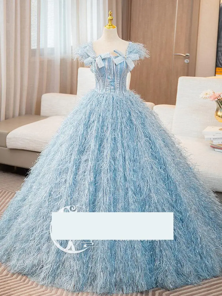Blue Shoulder Short Sleeved Tassel Wedding Dress Evening Gown High-end Feel Light Luxury Host Banquet Fluffy Skirt Customized