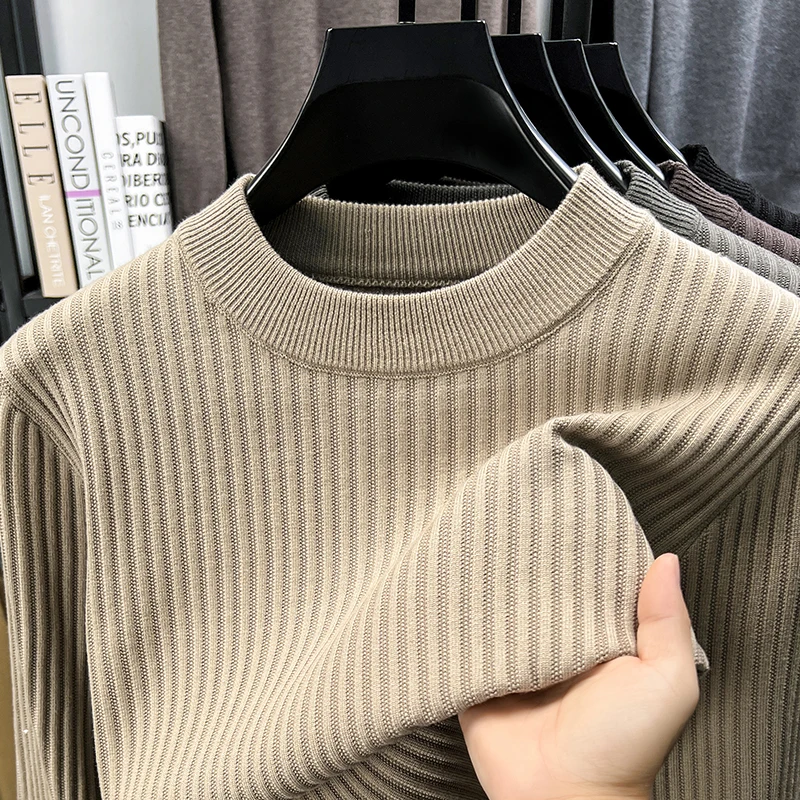 

Premium solid color striped knitted sweater men's new style fashion thick warm autumn winter comfort casual round neck pullover