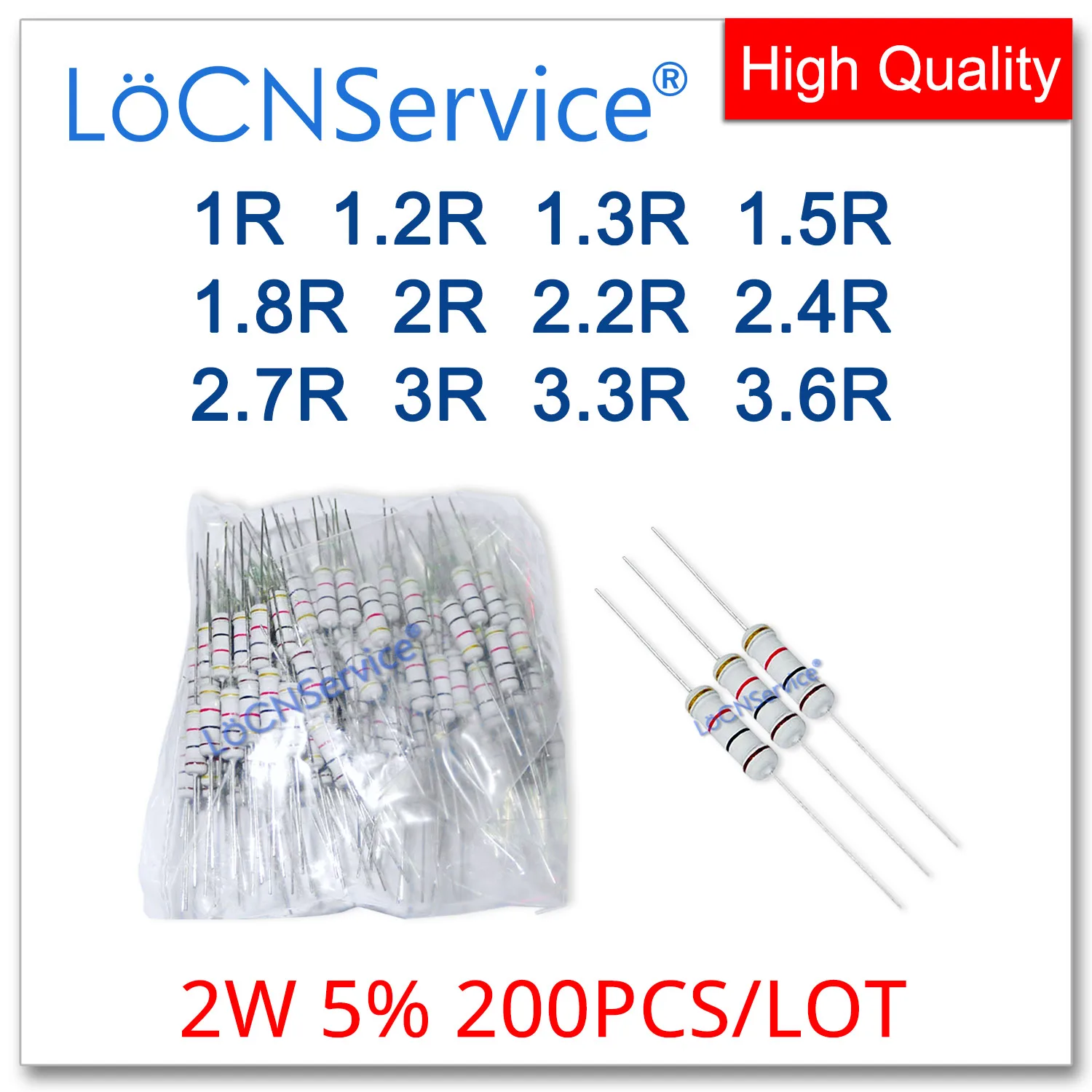 LoCNService 200 ชิ้น/ล็อต 5% 2W 1R 1.2R 1.3R 1.5R 1.8R 2R 2.2R 2.4R 2.7R 3R 3.3R 3.6R ตัวต้านทานฟิล์มคาร์บอน DIP OHM