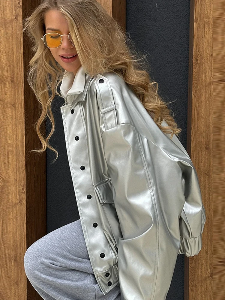 Street PU Leather Jackets Women Lapel Long Sleeves Single Breasted Pockets Coats Female 2025 Autumn Fashion New Lady Outerwear