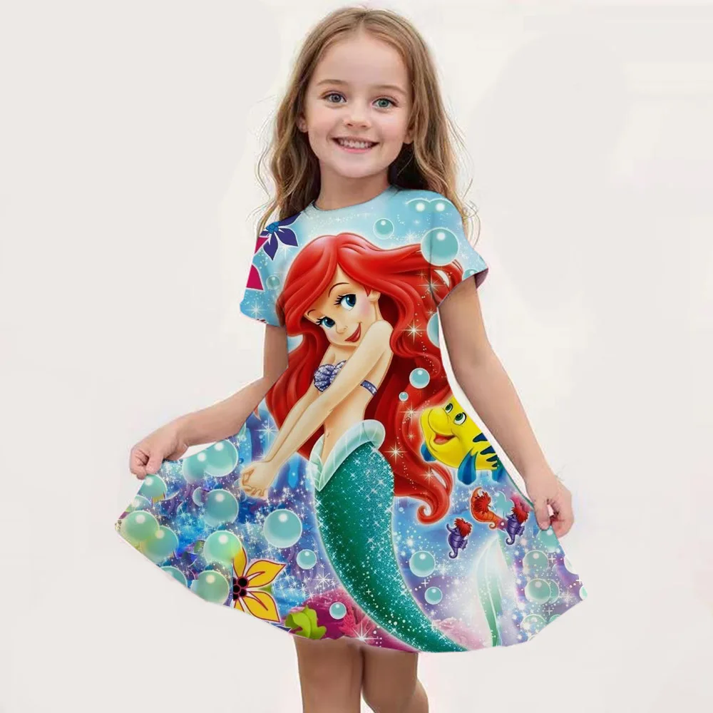 Disney-Robe de soirée princesse sirène pour enfants, robes de maison décontractées pour enfants, bébé fille, manches courtes, nouveau, 3-14 ans, 2024