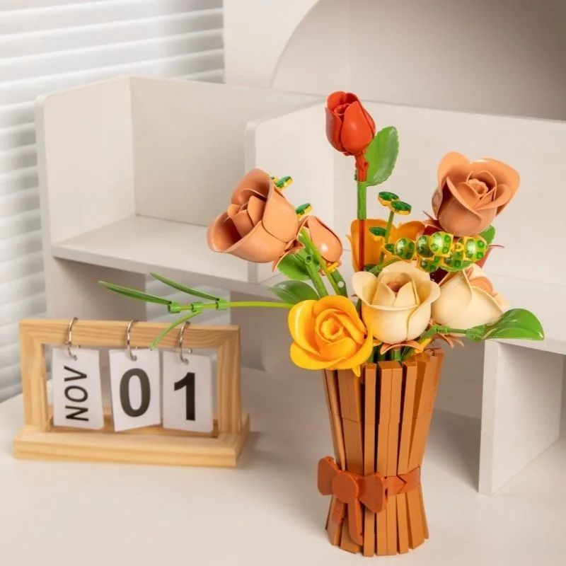 

Yellow rose bouquet building blocks, eternal vase home decoration, romantic Valentine's Day gift for girls