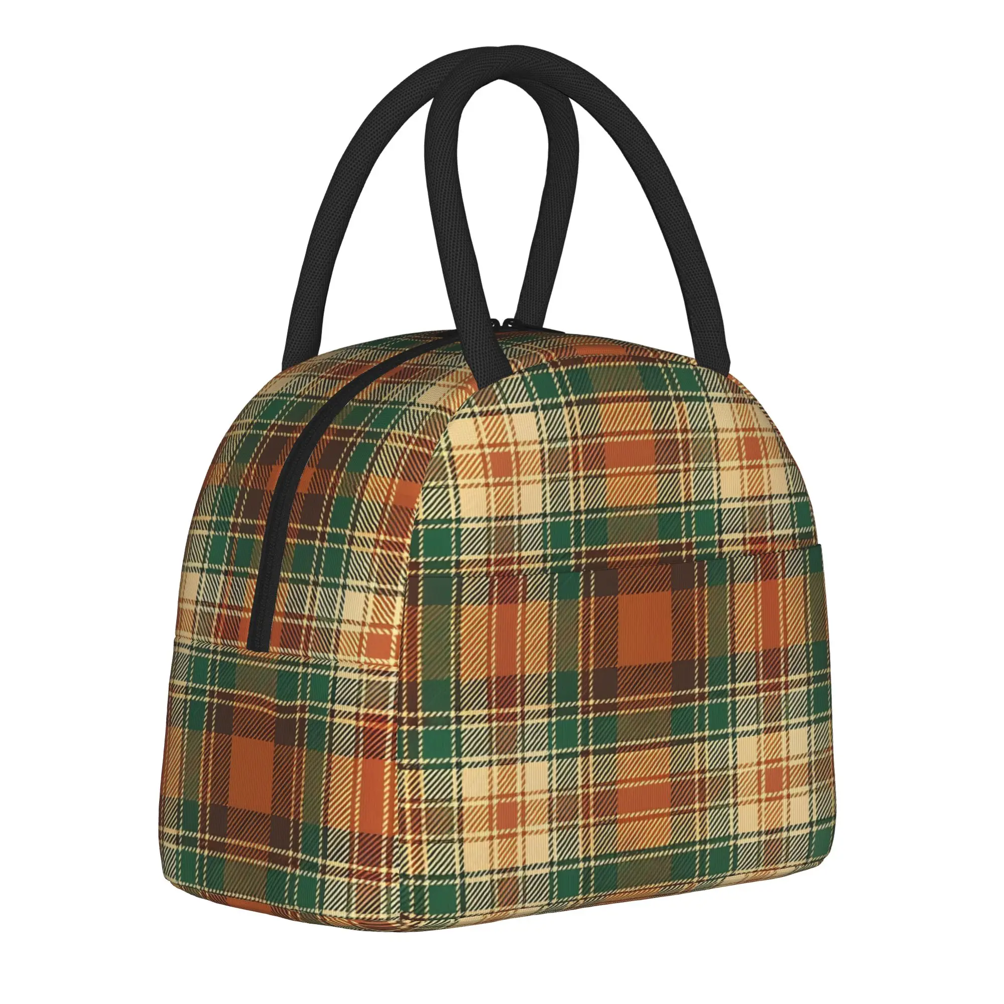 Tartan Green Insulated Lunch Bag Cooler Bag Reusable,Meal Container  High Capacity Tote Lunch Box Food Handbags Office  Picnic