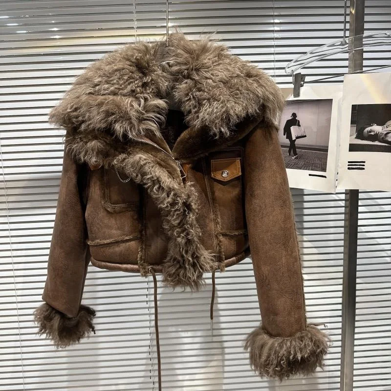 Ciepły płaszcz damski ze sztucznego futra z wełnianym kołnierzem, wykończony, zimowy, nowy, modny, streetwearowy, zapinany na zamek, długi, prosty krój.