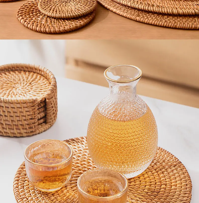 Herbstliches handgewebtes Rattan-Untersetzer-Set: Kreative runde Tassen- und Schalenunterlagen für Esszimmer und Tee – Isoliermatten aus Rattan – Detail 4