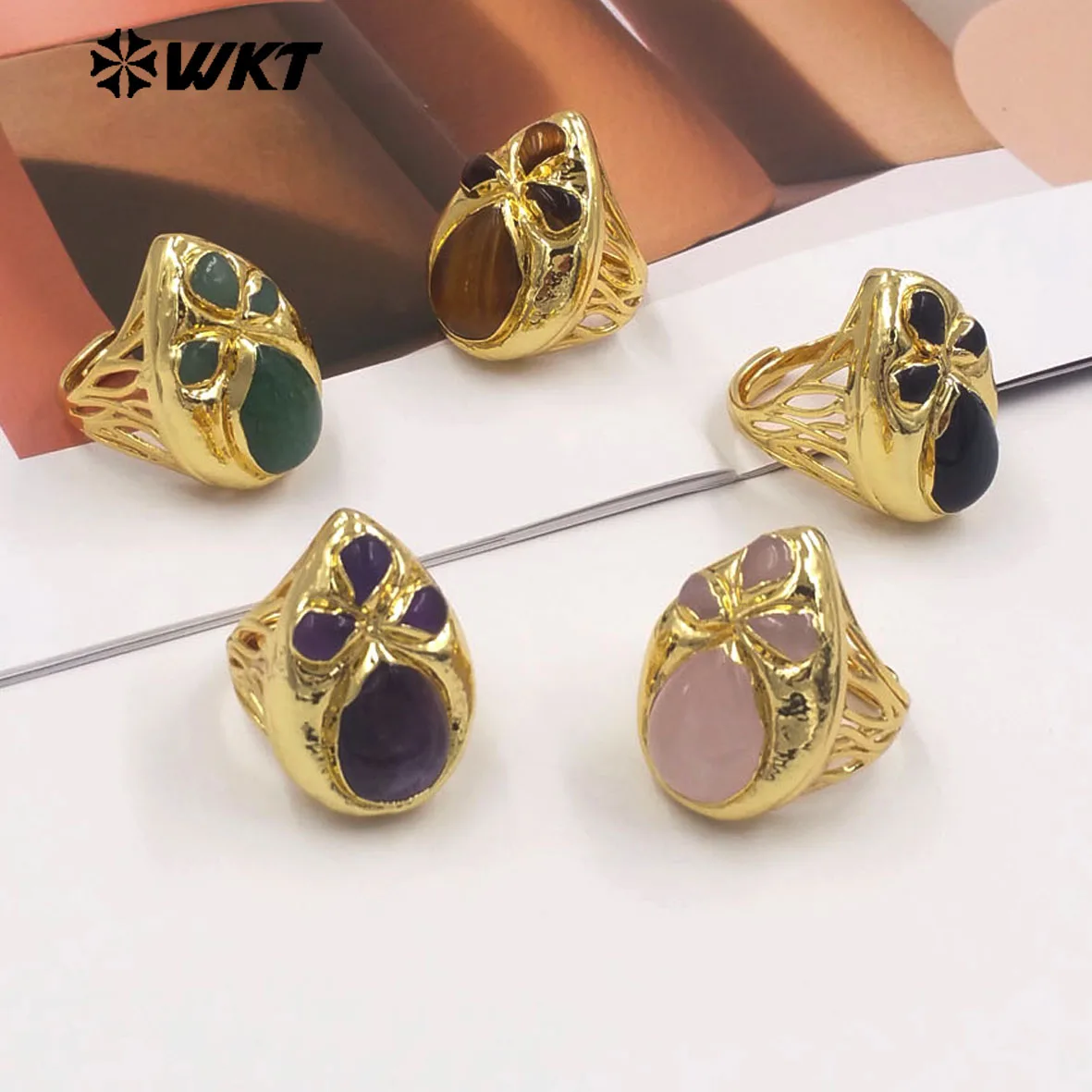 WT-R599 Gorgeous Gold Electroplated Multi Colors Natural Gemstone Waterdrop Shape Rings For Party Decorative Accessory