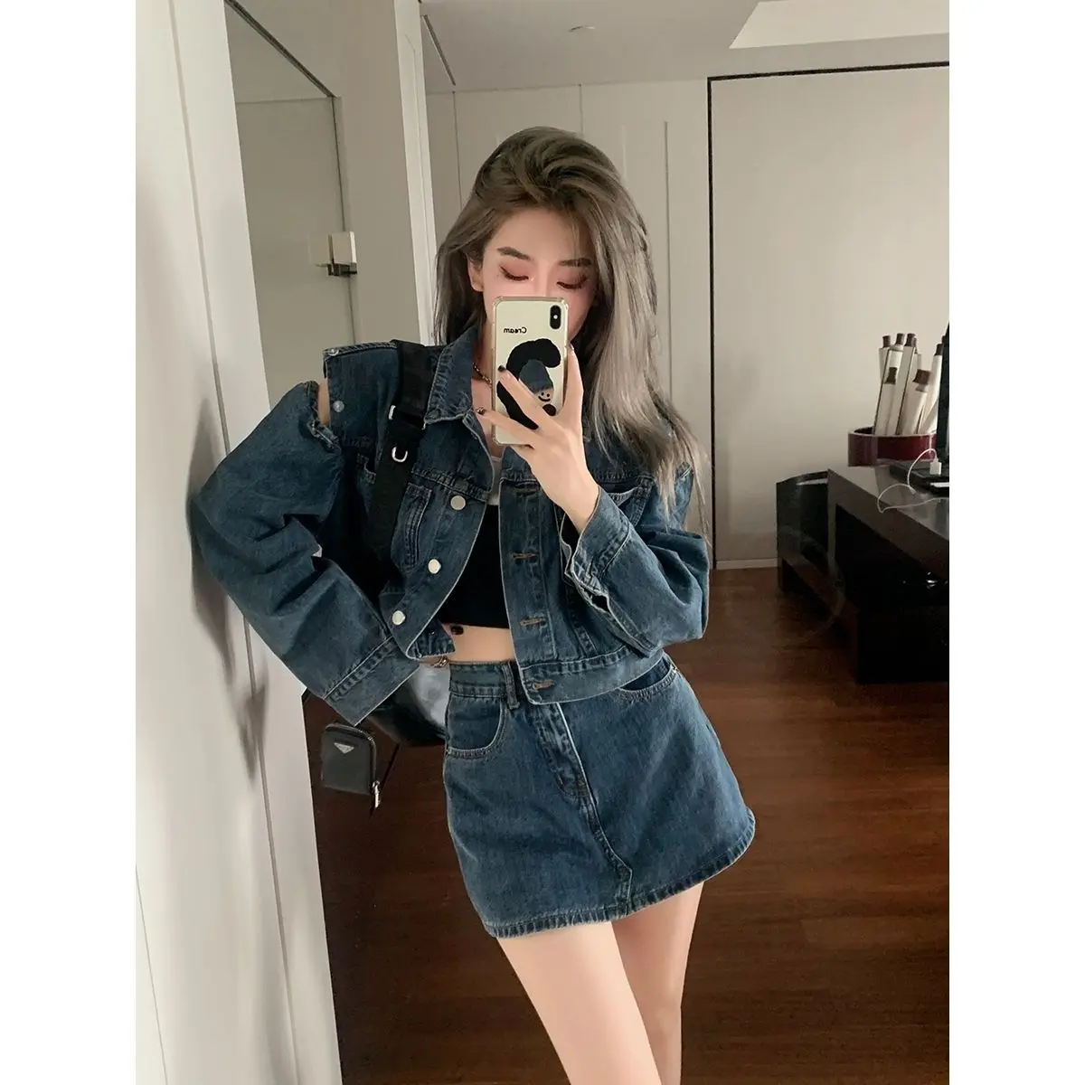 

Autumn Winter Denim Skirt Suits Coat Suits Lapel Sleeve High Street Cool Two Piece Set Korean Button Designer Skirt Set V16