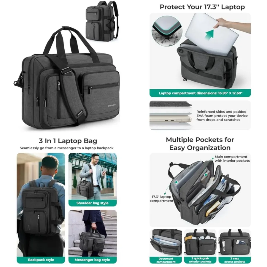 

3 In 1 Laptop Bag for Men, Computer Briefcase 17.3 Inch Laptop Water-Repellent Shoulder Bag, Computer Bag Business Travel Offic